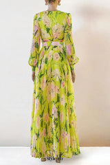 V-neck silk printed pleated maxi dress in yellow