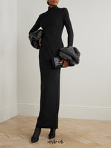 rachel black ruffled crystal-embellished crepe mock-neck gown