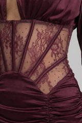 phoebe Satin Mini Dress with Lace Corset Insert – Burgundy