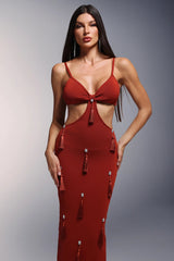 Deep-V Diamond Tassels Bandage Maxi Dress in red