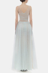 monica blue draped tulle fishbone maxi dress