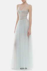 monica blue draped tulle fishbone maxi dress