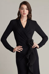 joyce black Ruffled Gathered high slit Knit Midi Dress