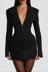 amelia v-neck ruched Blazer Mini Dress in black