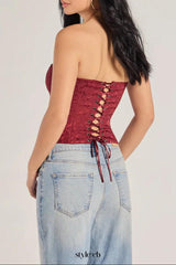 brocade satin strapless corset top in burgundy