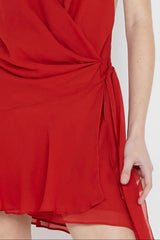 Halter backless V-neck sleeveless lace-up mini dress in red