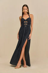 bonnie halter pleated cutout maxi dress in navy blue