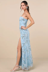 Sequin print Strapless Bustier Maxi Dress in blue