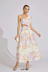 kimberley Yellow One-Shoulder floral print cutout Maxi Dress
