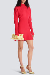 roberta long sleeve flared knit mini dress in red