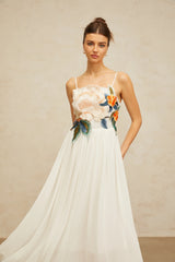 joann Appliqué Camellia Floral Maxi Dress in white