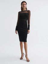 lyla knitted sheer sleeve midi dress in black