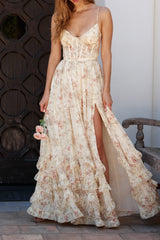 mignon floral print ruffle layer high slit corset maxi dress