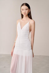 belen Drop Waist Spaghetti Strap Organza Maxi Dress in white