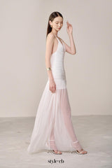 belen Drop Waist Spaghetti Strap Organza Maxi Dress in white