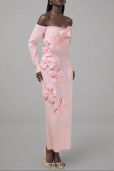 hilary Pink 3D Flower long sleeve strapless Midi Dress