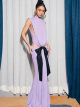 bernice Bow Patch Cut Backless Maxi Dress in purple