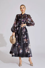 tiffany black floral Printed puff sleeve Maxi Dress