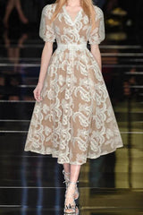 alisa mesh embroidered puff sleeves midi dress in beige