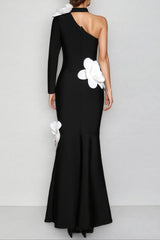 gemma One Shoulder 3D Flower Bandage Maxi Dress in black