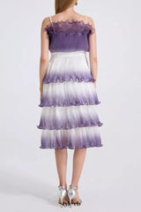 purple gradient pleated ruffle trim layered mini dress