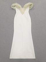 Off-Shoulder pearl embellished bodycon maxi dress in white