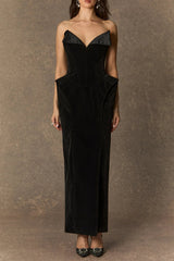 amity Black Deep V-neck strapless Velvet Maxi Dress