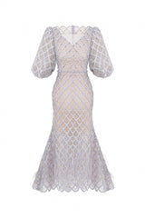 Ciara Trumpet Bishop Sleeved Lace Midi Dress