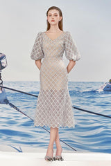 Ciara Trumpet Bishop Sleeved Lace Midi Dress