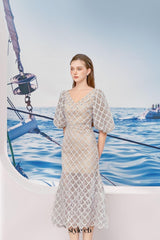 Ciara Trumpet Bishop Sleeved Lace Midi Dress