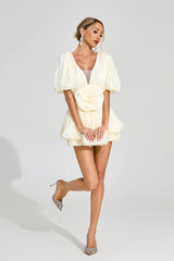 eartha Apricot 3d flower Organza Pleated Mini Dress