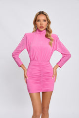 crystal embellished ruched bodycon mini dress in pink