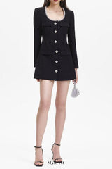 viola black Square Neck Rhinestone Pleated Mini Dress