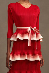 victoria Pleated Round Neck Long Sleeve Falbala Woven Maxi Dress in red