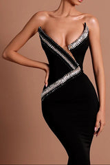 tiffany off-shoulder Rhinestone maxi dress in black