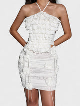 helen Halter Ruched Mesh Floral Mini Dress in white