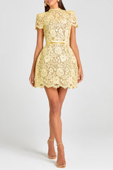hollow lace bow belt mini dress in yellow
