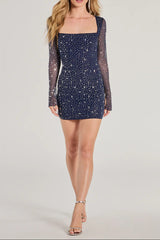 amanda navy Long Sleeve Rhinestone Mesh Mini Dress