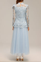 yvette blue Long Sleeve Folds Lace Butterfly Top And Skirt Two-Piece Set