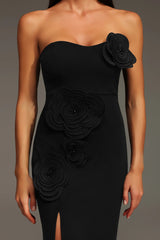 black heloise Flowers Slit strapless Bandage Maxi Dress