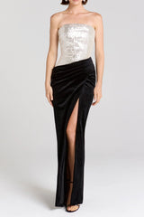 nancy off shoulder sequin high slit velvet maxi Dress - Silver/Black