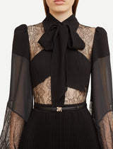 simona lace splice Pleated maxi Dress in black