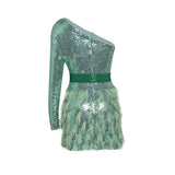 ONE-SHOULDER FEATHER SEQUINS MINI DRESS