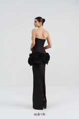 black strapless maxi dress with flower embellishments