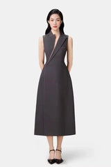 asymmetric collar blazer midi dress in grey