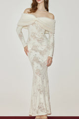 julia Off-Shoulder Fur Collar Long Sleeve lace maxi dress in white