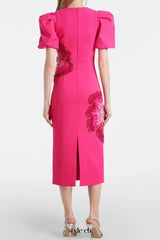 sequin flower Embellished puff sleeve Midi Dress in Pink