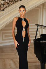 Crystal Embellished Cutout Maxi Dress in black