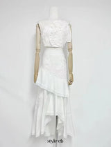 nina Ruffled strapless top floral embroidered mermaid skirt set - white