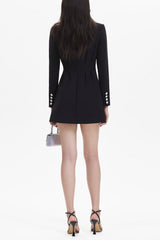 viola black Square Neck Rhinestone Pleated Mini Dress